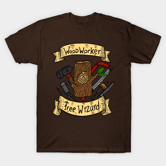 woodworker, tree wizard. carpentry craftsmen banner. T-Shirt by JJadx